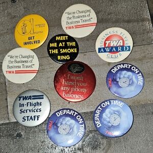 Vintage TWA Pinback Button Lot – Blue, Red, White, Yellow